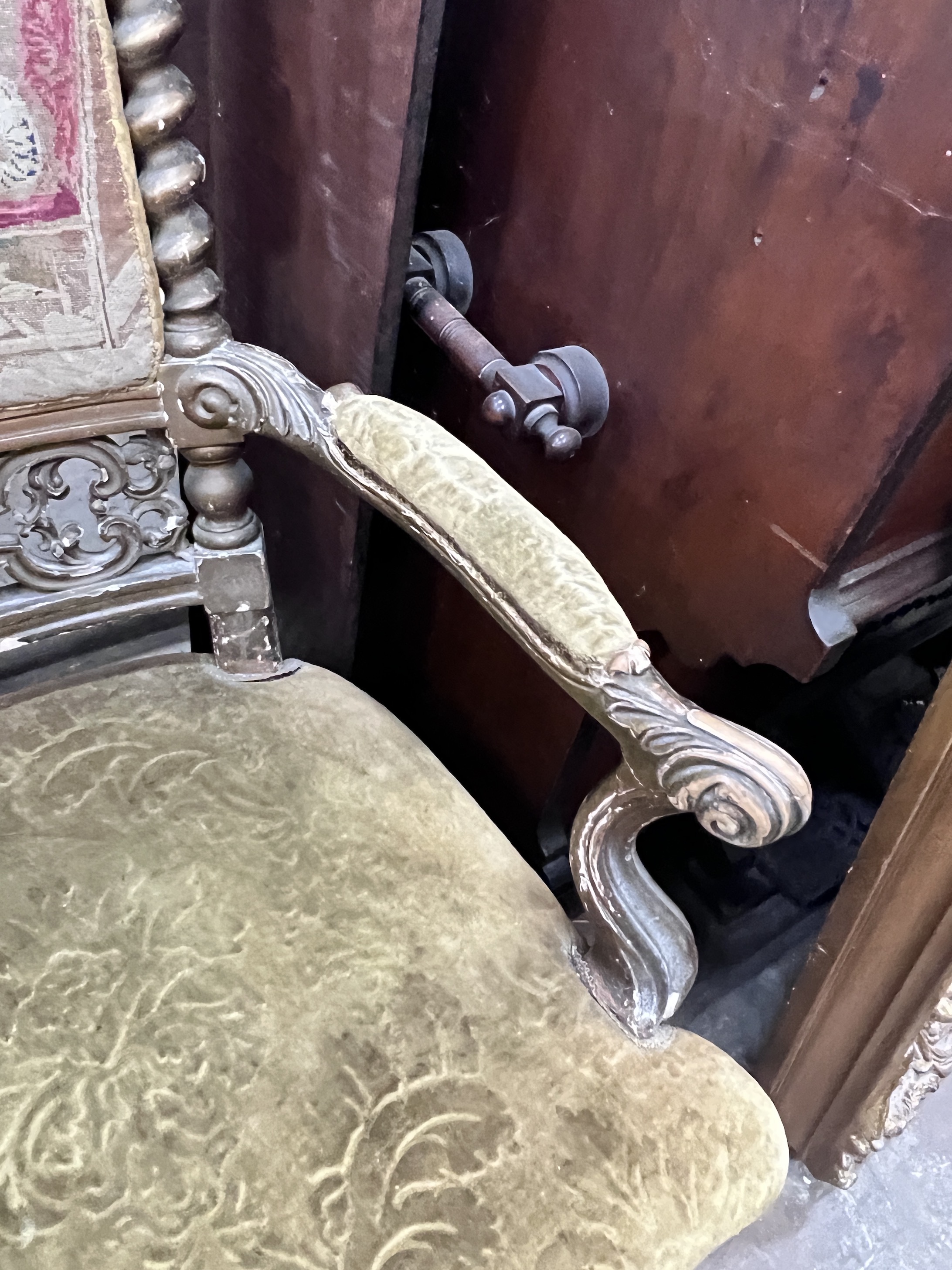 A Victorian carved giltwood and composition tapestry back open armchair, width 54cm, depth 56cm, height 108cm